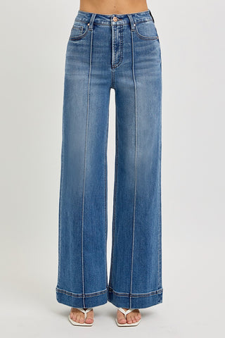 Risen Tummy Control Pintuck Wide Leg Jeans