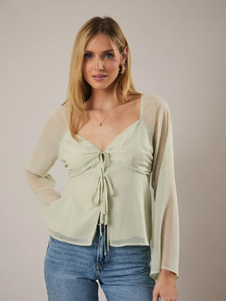 Tie Front Bell Sleeve Chiffon Blouse