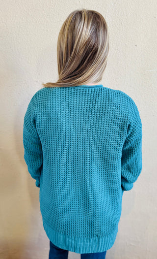Back view of the dusty teal waffle knit cardigan highlighting the soft, waffle texture and longer length