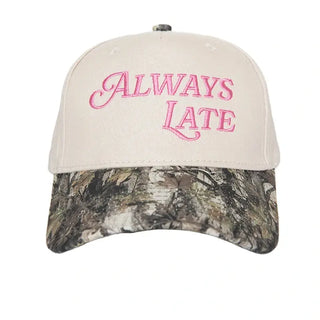 Always Late vintage trucker hat with camo print bill and embroidered graphic - women's snapback accessory