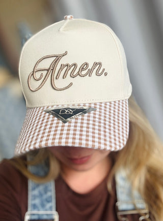 Amen Embroidered Gingham Trucker Hat
