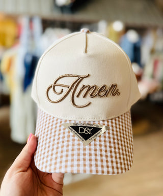 Amen Embroidered Gingham Trucker Hat
