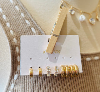 Gold plated baguette stone double hoop huggie earring trio set - three pairs of stackable small hoop earrings with rhinestones