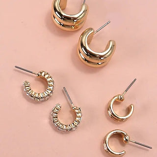 Baguette stone huggie earring set showing post backs and compact size - lead and nickel compliant jewelry