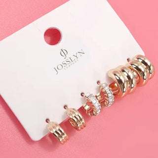 Gold plated baguette stone double hoop huggie earring trio set - three pairs of stackable small hoop earrings with rhinestones