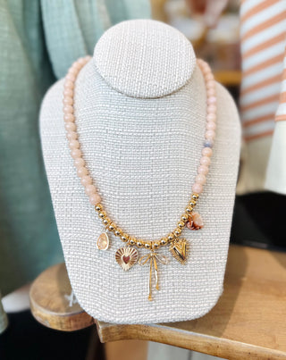 Beaded Bow Heart Charm Necklace