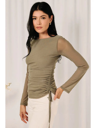 Boat Neck Sheer Mesh Long Sleeve Ruched Side Top