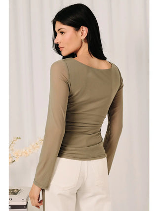 Boat Neck Sheer Mesh Long Sleeve Ruched Side Top