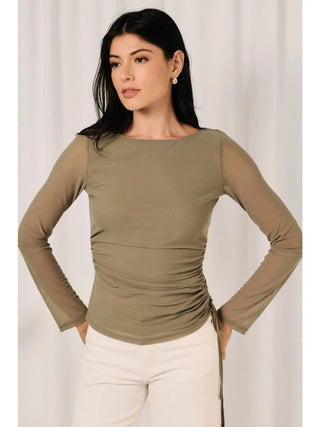 Boat Neck Sheer Mesh Long Sleeve Ruched Side Top