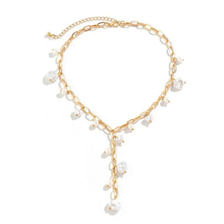 Boho Y-neck pearl station necklace showing adjustable length and flattering drop design - lead and nickel compliant