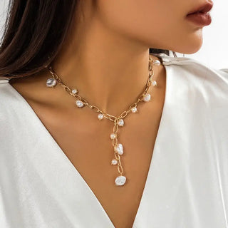 Gold plated Y-neck necklace with pearl stations creating elegant drop silhouette - adjustable boho layering necklace
