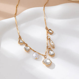 Sparkling rhinestone and crystal charms with pearl accents on gold bar-link chain necklace - lead and nickel compliant
