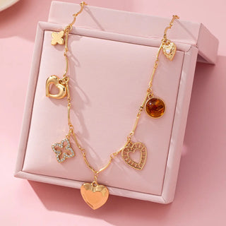 Gold plated clover and hearts charm necklace with 6 charms on delicate bar-link chain - friendship and love necklace