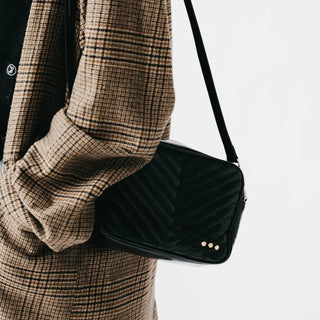 Close-up of quilted vegan leather texture on Coco crossbody camera bag