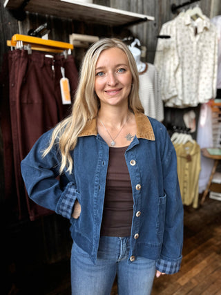Contrast Collar Plaid Cuff Corduroy Barn Jacket