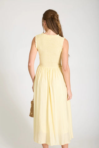 Cora Sweetheart Smocked Mock Button Midi Dress