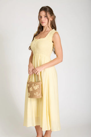 Cora Sweetheart Smocked Mock Button Midi Dress
