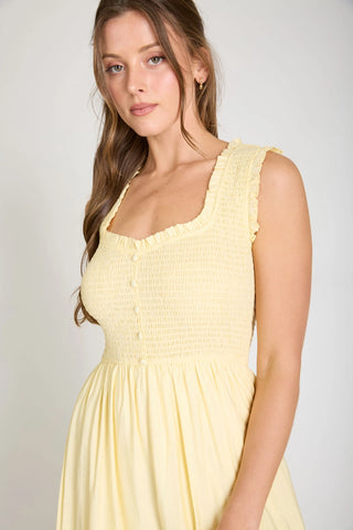 Cora Sweetheart Smocked Mock Button Midi Dress