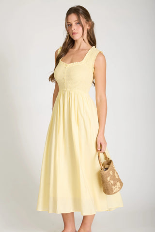 Cora Sweetheart Smocked Mock Button Midi Dress