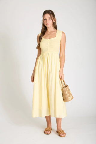 Cora Sweetheart Smocked Mock Button Midi Dress