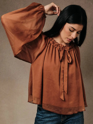Rust crinkle chiffon peasant blouse with ruffled tie neck and voluminous long sleeves — women's boho blouse