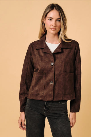 Cropped Faux Suede Button Up Jacket