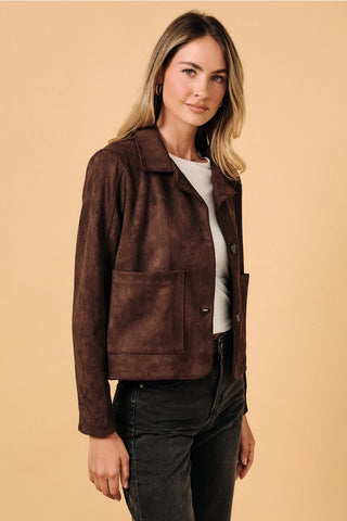 Cropped Faux Suede Button Up Jacket