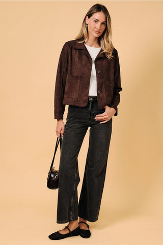 Cropped Faux Suede Button Up Jacket