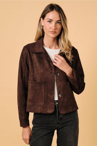 Cropped Faux Suede Button Up Jacket