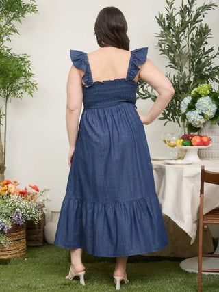 Denim Basque Waist Midi Dress