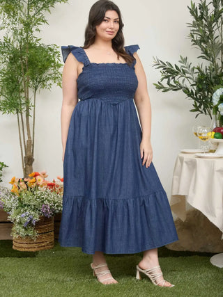 Denim Basque Waist Midi Dress