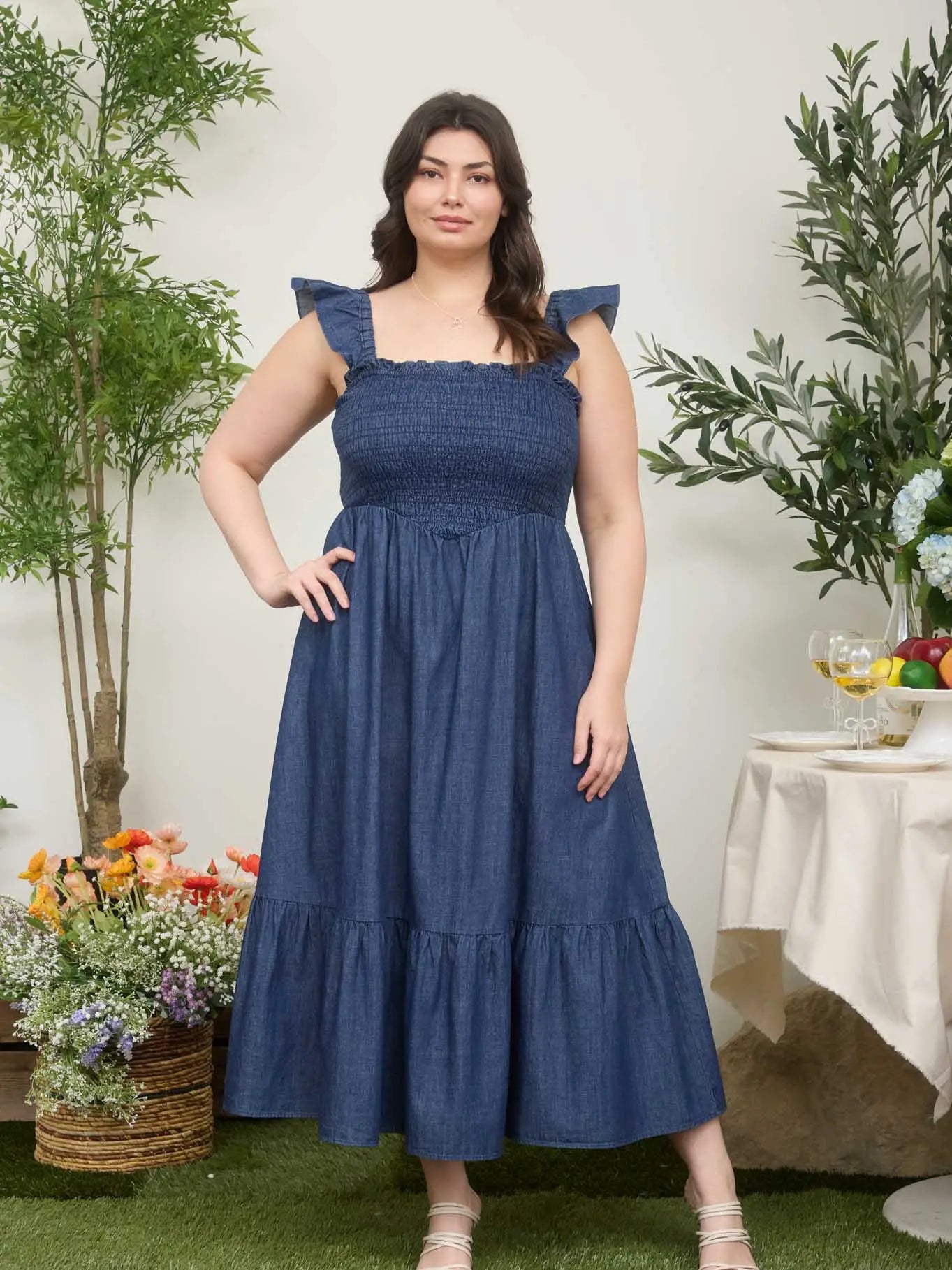 Denim Basque Waist Midi Dress | Square Neck Ruffle Hem
