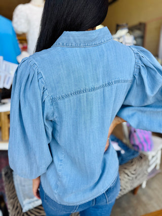 Denim Button Down Puff Sleeve Shirt