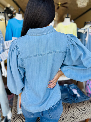 Denim Button Down Puff Sleeve Shirt