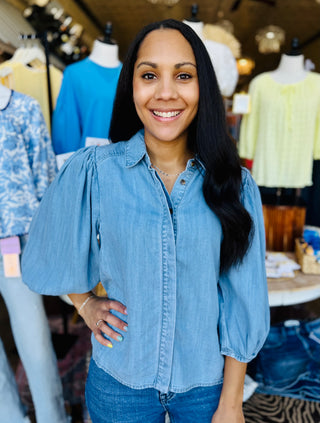Denim Button Down Puff Sleeve Shirt