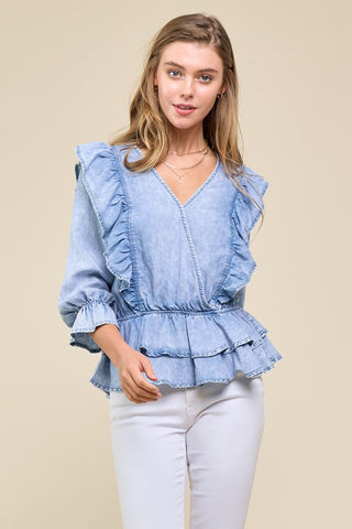 Denim Surplice Ruffle Blouse
