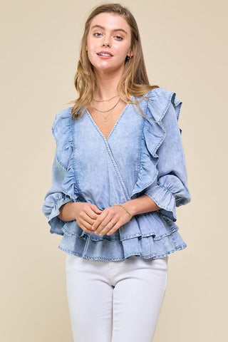 Denim Surplice Ruffle Blouse