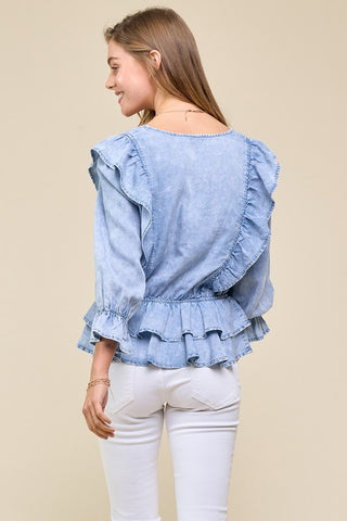 Denim Surplice Ruffle Blouse