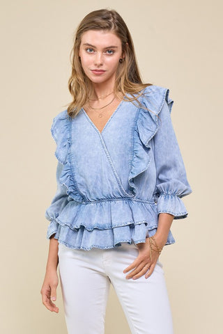 Denim Surplice Ruffle Blouse