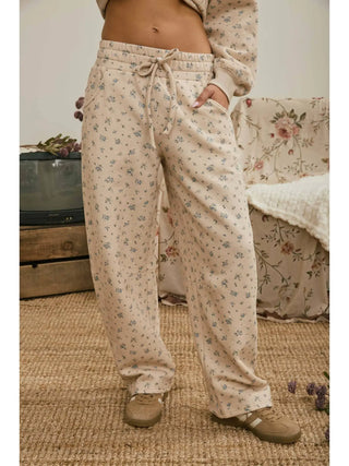 Ditsy floral barrel lounge pants in taupe with small floral print, elastic drawstring waist