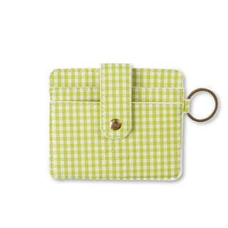 Elyse Breanne minimalist card wallet in biodegradable mushroom faux leather with RFID blocking in the green gingham pattern