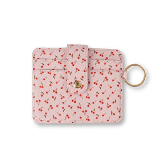 Elyse Breanne minimalist card wallet in biodegradable mushroom faux leather with RFID blocking in the painted cherries pattern