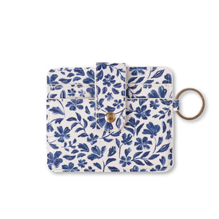 Elyse Breanne minimalist card wallet in biodegradable mushroom faux leather with RFID blocking in the porcelain floral pattern