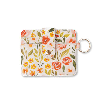 Elyse Breanne minimalist card wallet in biodegradable mushroom faux leather with RFID blocking in the spring garden pattern
