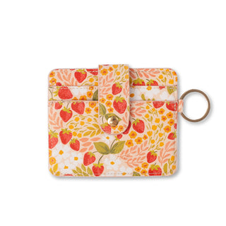 Elyse Breanne minimalist card wallet in biodegradable mushroom faux leather with RFID blocking in the strawberry patch pattern