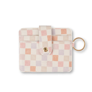 Elyse Breanne minimalist card wallet in biodegradable mushroom faux leather with RFID blocking in the watercolor checkers pattern