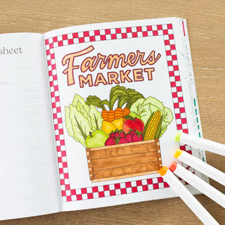 Hand-drawn farmers market coloring page with rustic farm-to-table themed patterns and intricate details for adult colorists
