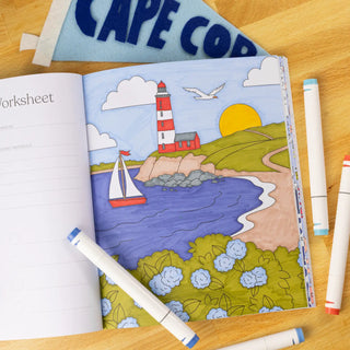 Hand-drawn beach coloring page with seashells, ocean waves, and coastal botanical illustrations for adult colorists
