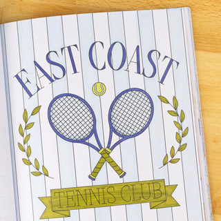Coastal Americana coloring book interior page showing intricate hand-drawn tennis club design and patterns by Elyse Burns
