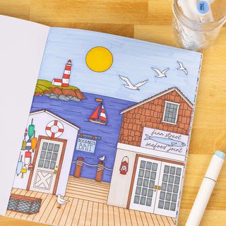 Adult coloring book page featuring detailed nautical scene with sailboats, anchors, and coastal Americana motifs
